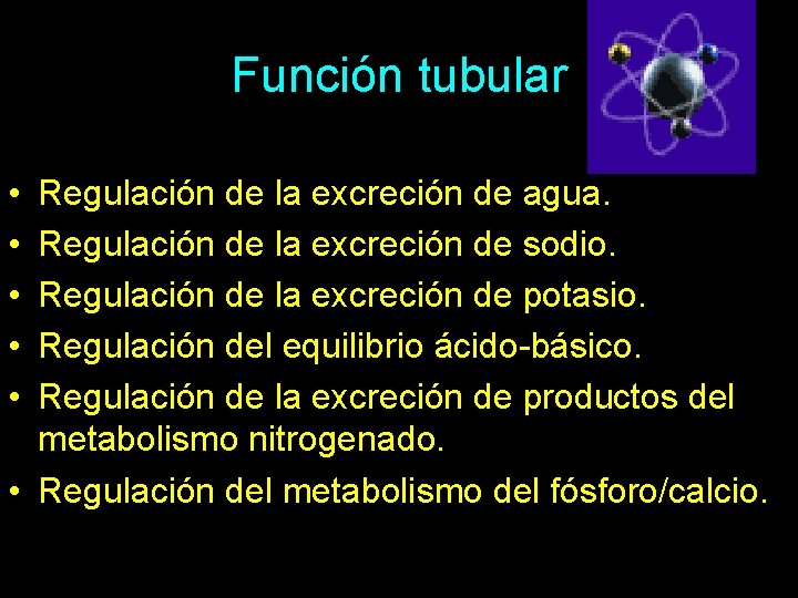 Función tubular • • • Regulación de la excreción de agua. Regulación de la