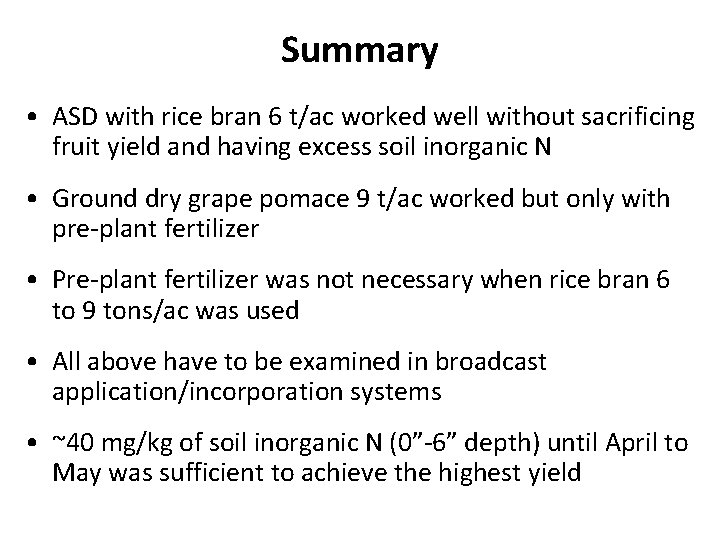 Summary • ASD with rice bran 6 t/ac worked well without sacrificing fruit yield