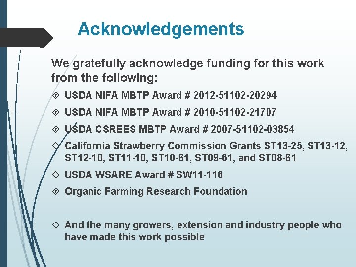 Acknowledgements We gratefully acknowledge funding for this work from the following: USDA NIFA MBTP