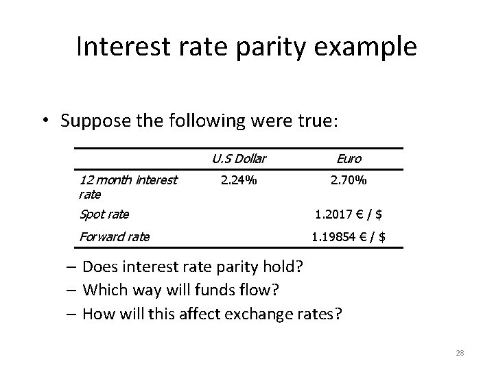 Interest rate parity example • Suppose the following were true: 12 month interest rate