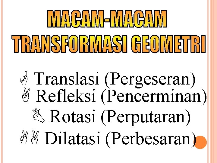  Translasi (Pergeseran) Refleksi (Pencerminan) Rotasi (Perputaran) Dilatasi (Perbesaran) 