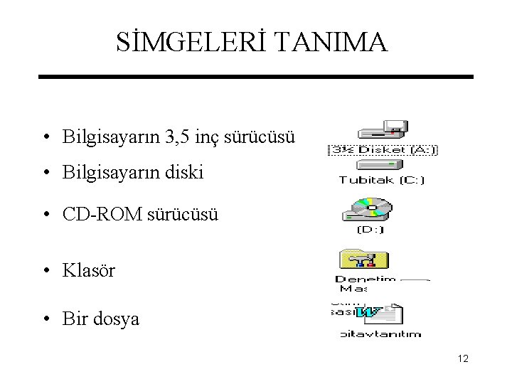 SİMGELERİ TANIMA • Bilgisayarın 3, 5 inç sürücüsü • Bilgisayarın diski • CD-ROM sürücüsü