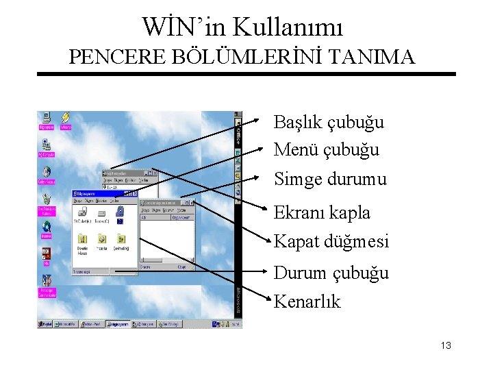 WİN’in Kullanımı PENCERE BÖLÜMLERİNİ TANIMA Başlık çubuğu Menü çubuğu Simge durumu Ekranı kapla Kapat