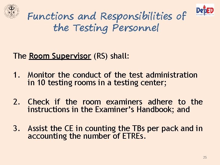 Functions and Responsibilities of the Testing Personnel The Room Supervisor (RS) shall: 1. Monitor Functions and Responsibilities of the Testing Personnel The Room Supervisor (RS) shall: 1. Monitor