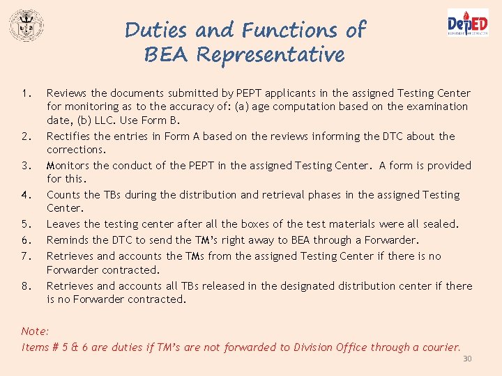 Duties and Functions of BEA Representative 1. 2. 3. 4. 5. 6. 7. 8. Duties and Functions of BEA Representative 1. 2. 3. 4. 5. 6. 7. 8.