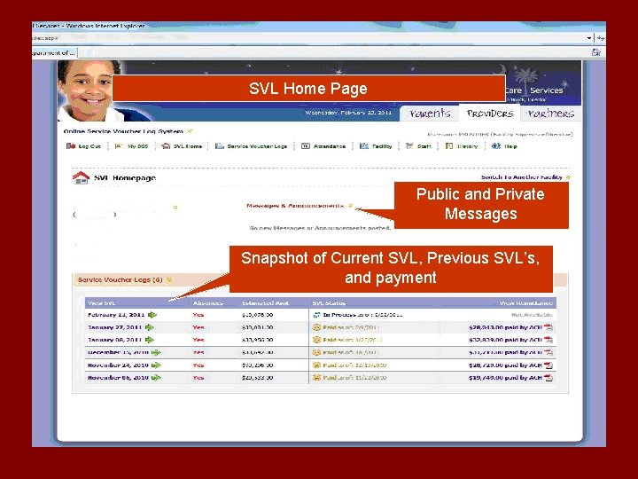 SVL Home Page Public and Private Messages Snapshot of Current SVL, Previous SVL’s, and