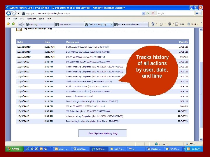 y Tracks history of all actions by user, date, and time 