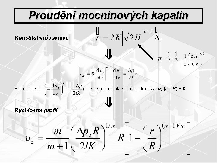 Proudění mocninových kapalin Konstitutivní rovnice Po integraci a zavedení okrajové podmínky uz (r =