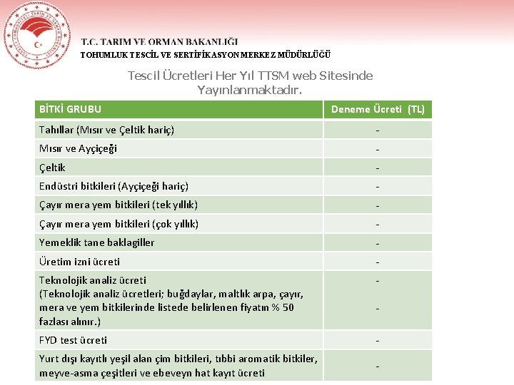 TOHUMLUK TESCİL VE SERTİFİKASYON MERKEZ MÜDÜRLÜĞÜ Tescil Ücretleri Her Yıl TTSM web Sitesinde Yayınlanmaktadır.