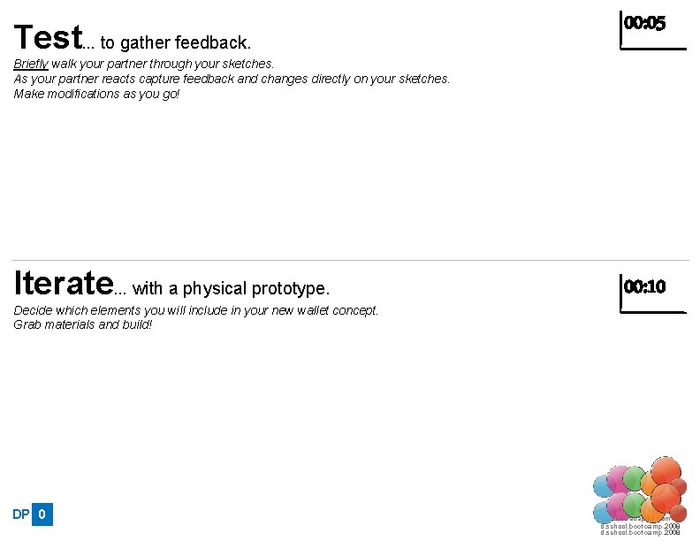 Test… to gather feedback. 00: 05 Briefly walk your partner through your sketches. As