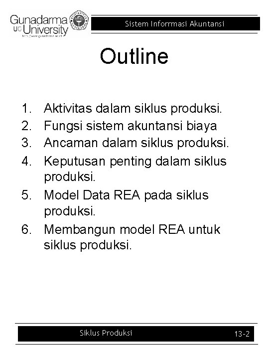 Sistem Inforrmasi Akuntansi Outline 1. 2. 3. 4. Aktivitas dalam siklus produksi. Fungsi sistem