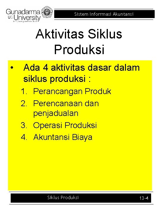 Sistem Inforrmasi Akuntansi Aktivitas Siklus Produksi • Ada 4 aktivitas dasar dalam siklus produksi