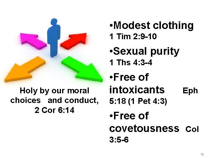  • Modest clothing 1 Tim 2: 9 -10 • Sexual purity 1 Ths