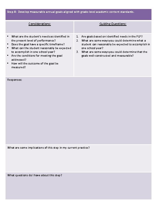 Step 4: Develop measurable annual goals aligned with grade-level academic content standards. Considerations: Guiding