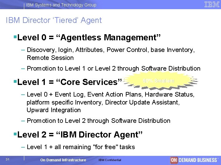 IBM Systems and Technology Group IBM Director ‘Tiered’ Agent §Level 0 = “Agentless Management”