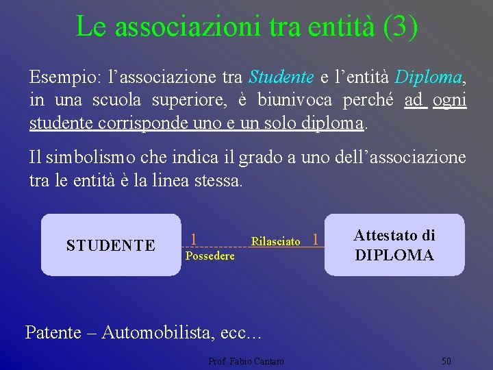 Le associazioni tra entità (3) Esempio: l’associazione tra Studente e l’entità Diploma, in una