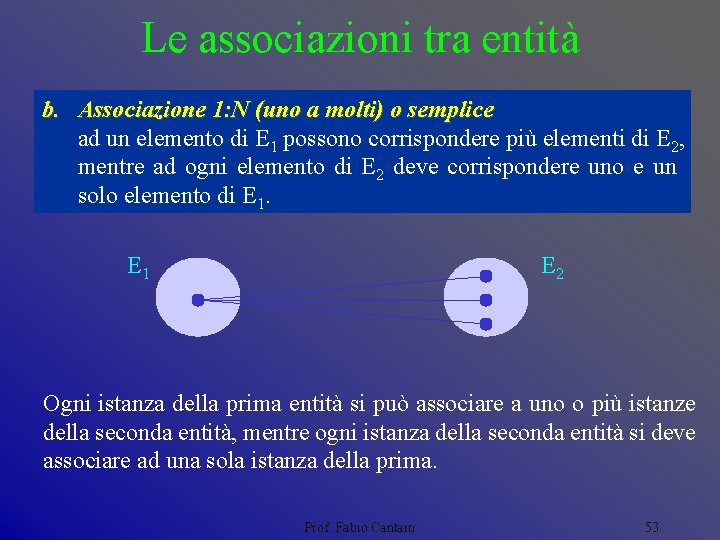 Le associazioni tra entità b. Associazione 1: N (uno a molti) o semplice ad