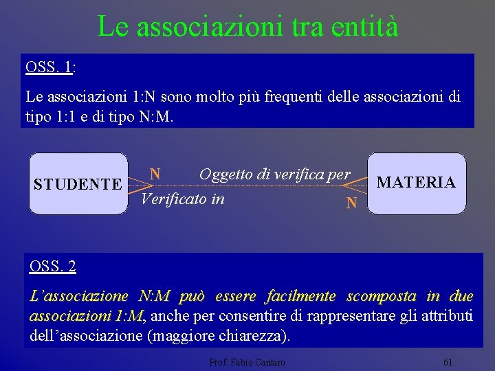 Le associazioni tra entità OSS. 1: Le associazioni 1: N sono molto più frequenti