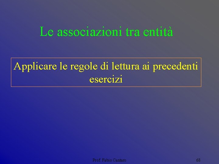 Le associazioni tra entità Applicare le regole di lettura ai precedenti esercizi Prof. Fabio