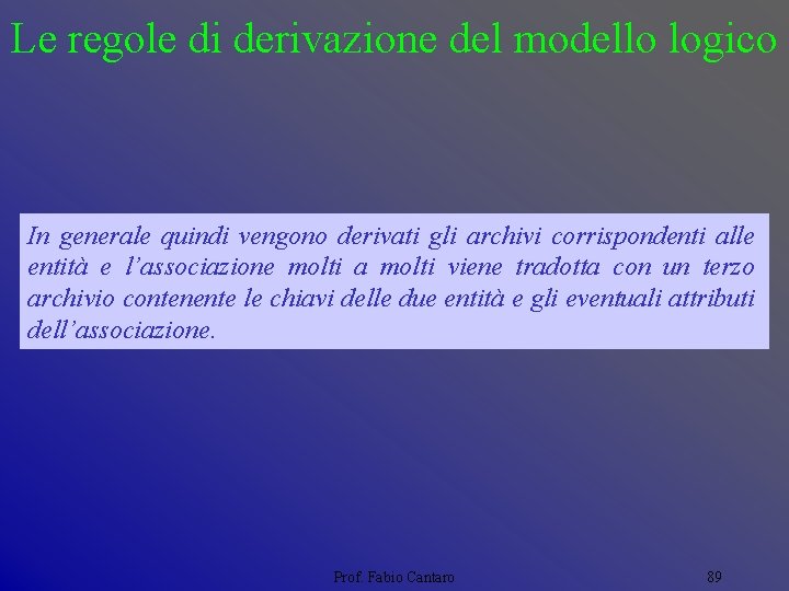 Le regole di derivazione del modello logico In generale quindi vengono derivati gli archivi