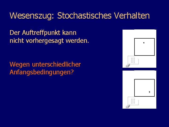 Wesenszug: Stochastisches Verhalten Der Auftreffpunkt kann nicht vorhergesagt werden. Wegen unterschiedlicher Anfangsbedingungen? 