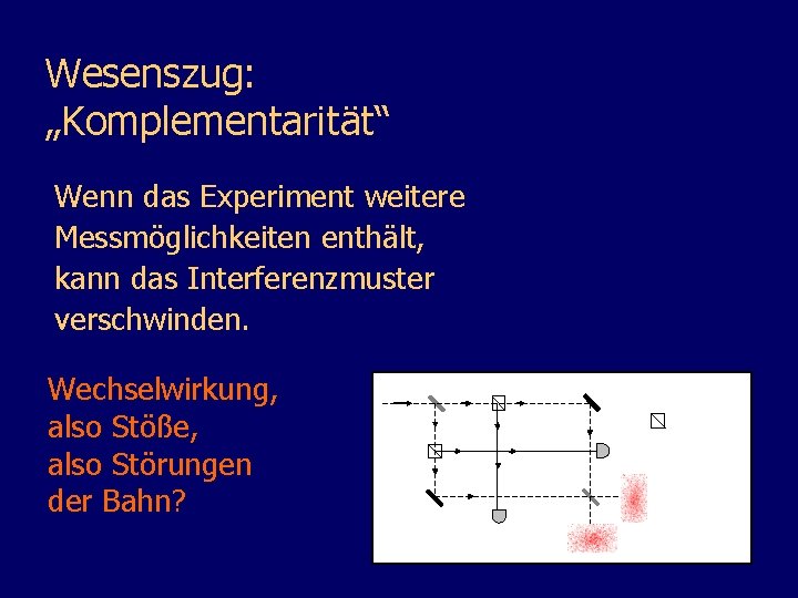 Wesenszug: „Komplementarität“ Wenn das Experiment weitere Messmöglichkeiten enthält, kann das Interferenzmuster verschwinden. Wechselwirkung, also