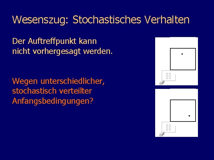 Wesenszug: Stochastisches Verhalten Der Auftreffpunkt kann nicht vorhergesagt werden. Wegen unterschiedlicher, stochastisch verteilter Anfangsbedingungen?