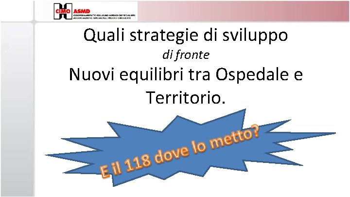 Quali strategie di sviluppo di fronte Nuovi equilibri tra Ospedale e Territorio. 