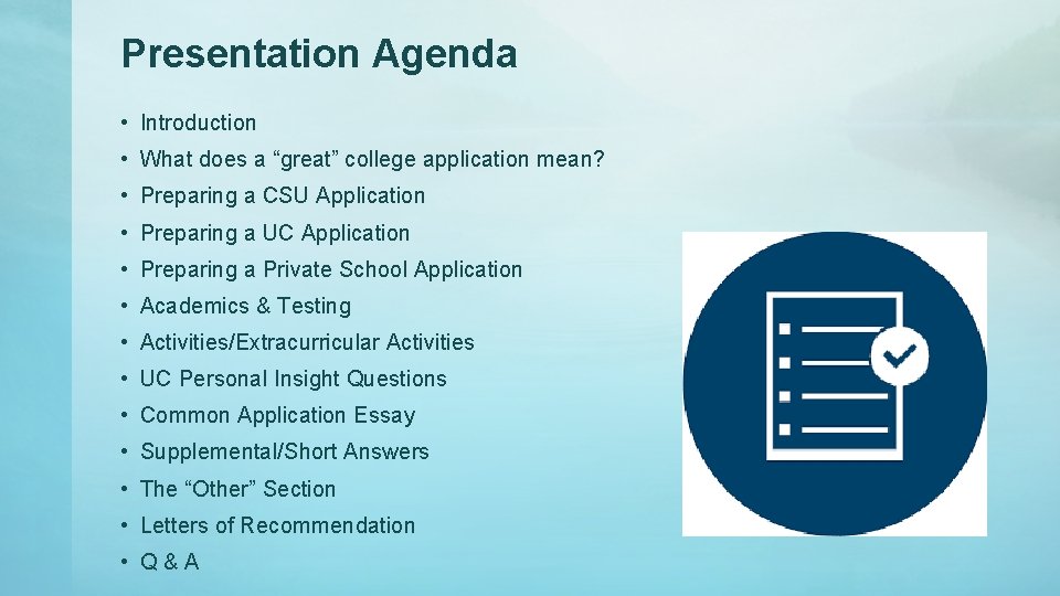 Presentation Agenda • Introduction • What does a “great” college application mean? • Preparing