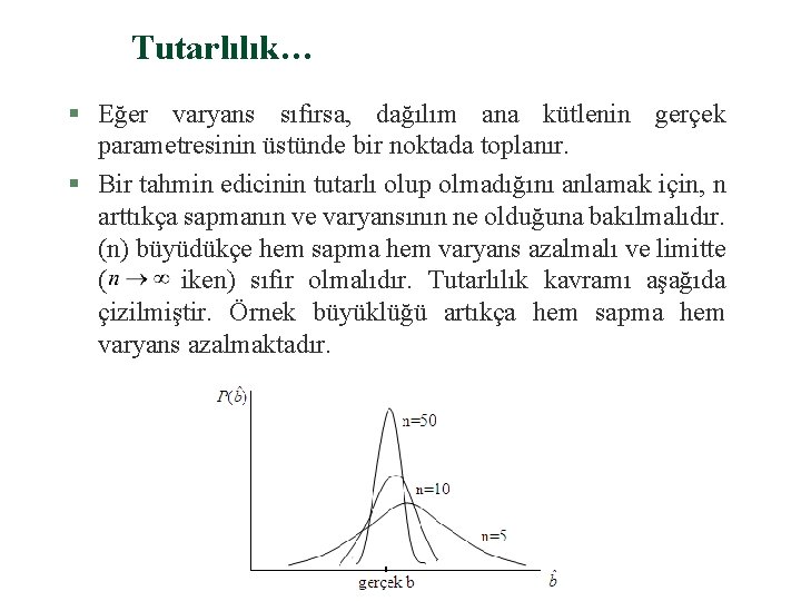 Tutarlılık… § Eğer varyans sıfırsa, dağılım ana kütlenin gerçek parametresinin üstünde bir noktada toplanır.