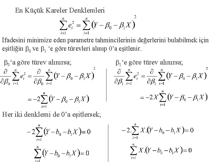En Küçük Kareler Denklemleri İfadesini minimize eden parametre tahmincilerinin değerlerini bulabilmek için eşitliğin 0