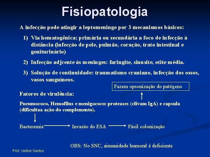Fisiopatologia A infecção pode atingir a leptomeninge por 3 mecanismos básicos: 1) Via hematogênica: