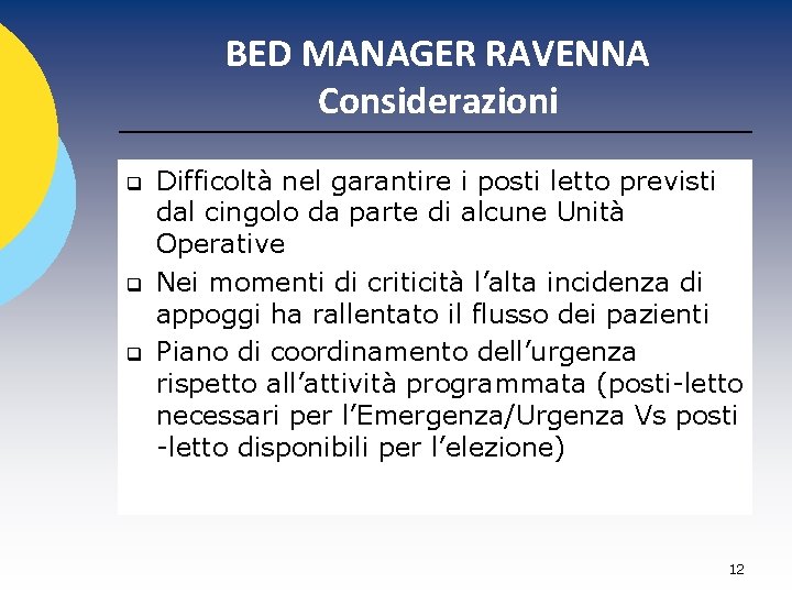 BED MANAGER RAVENNA Considerazioni q q q Difficoltà nel garantire i posti letto previsti