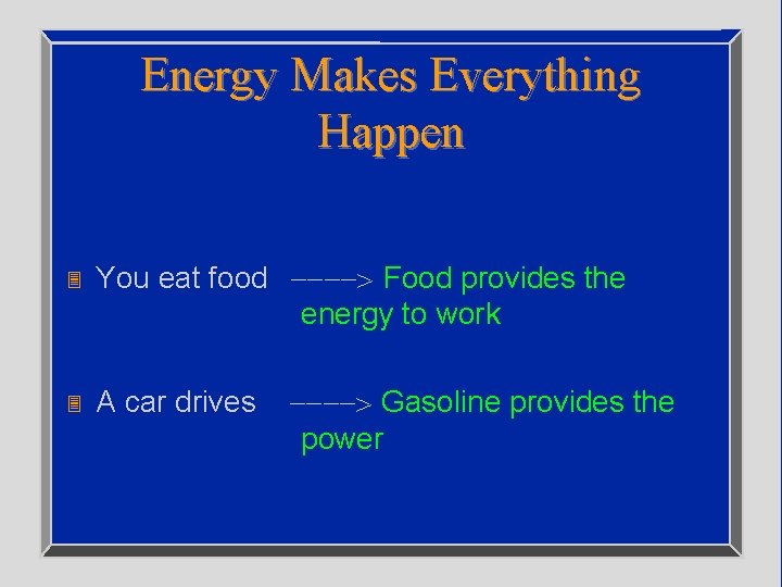 Energy Makes Everything Happen 3 You eat food Food provides the energy to work