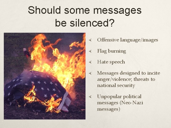 Should some messages be silenced? Offensive language/images Flag burning Hate speech Messages designed to