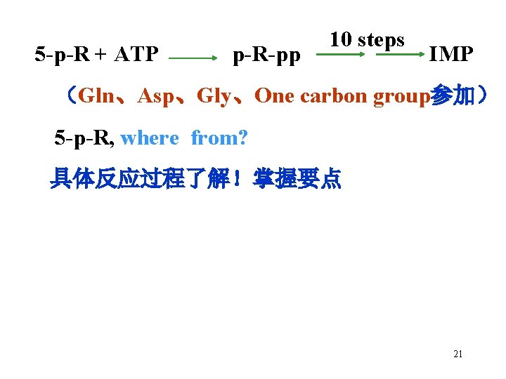 5 -p-R + ATP p-R-pp 10 steps IMP （Gln、Asp、Gly、One carbon group参加） 5 -p-R, where