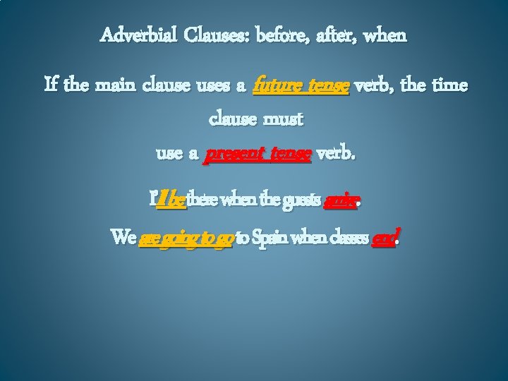 Adverbial Clauses: before, after, when If the main clause uses a future tense verb,