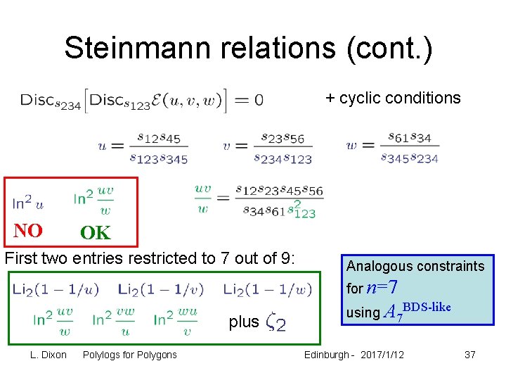 Steinmann relations (cont. ) + cyclic conditions NO OK First two entries restricted to