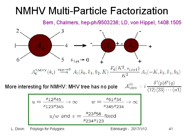 NMHV Multi-Particle Factorization Bern, Chalmers, hep-ph/9503236; LD, von Hippel, 1408. 1505 - +- +