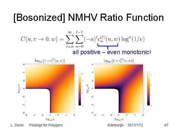 [Bosonized] NMHV Ratio Function all positive – even monotonic! L. Dixon Polylogs for Polygons