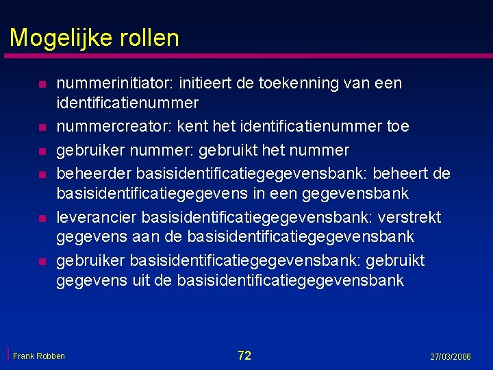 Mogelijke rollen n n n nummerinitiator: initieert de toekenning van een identificatienummercreator: kent het