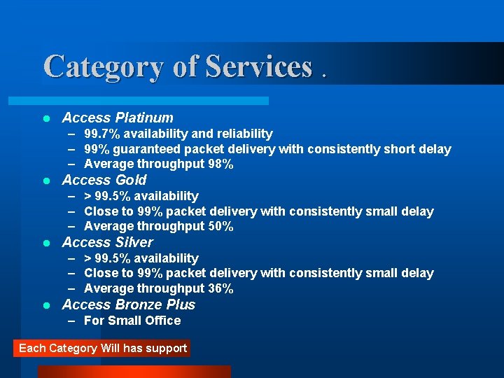 Category of Services. l Access Platinum – 99. 7% availability and reliability – 99%