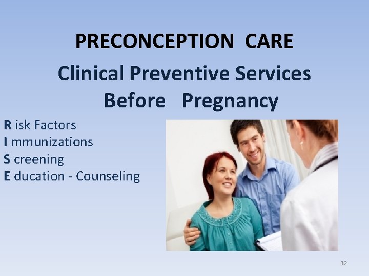 PRECONCEPTION CARE Clinical Preventive Services Before Pregnancy R isk Factors I mmunizations S creening