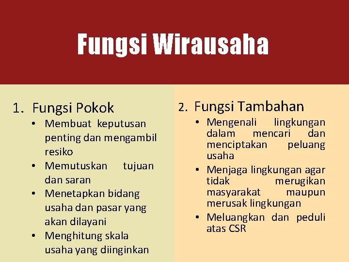 Fungsi Wirausaha 1. Fungsi Pokok • Membuat keputusan penting dan mengambil resiko • Memutuskan