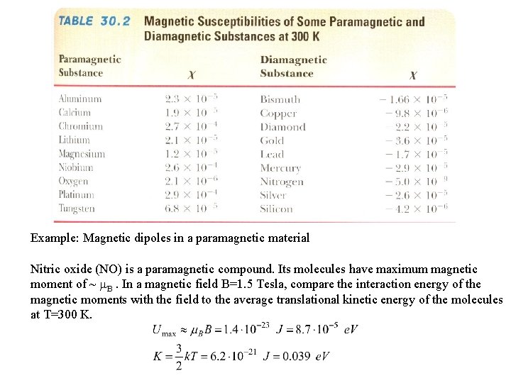 Example: Magnetic dipoles in a paramagnetic material Nitric oxide (NO) is a paramagnetic compound.