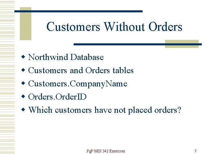 Customers Without Orders w Northwind Database w Customers and Orders tables w Customers. Company.