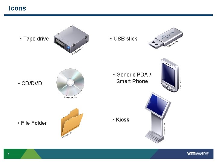 Icons • Tape drive • CD/DVD • File Folder 7 • USB stick •