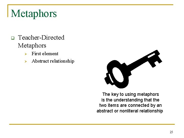 Metaphors q Teacher-Directed Metaphors Ø Ø First element Abstract relationship The key to using