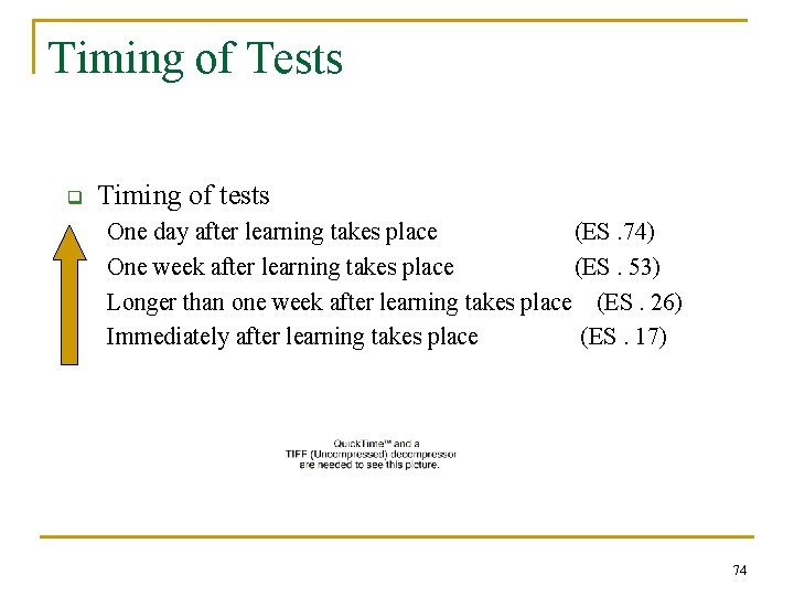 Timing of Tests q Timing of tests One day after learning takes place (ES.