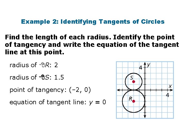 Example 2: Identifying Tangents of Circles Find the length of each radius. Identify the